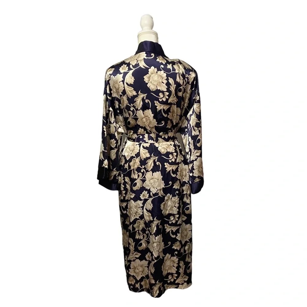 80’s VTG Adonna Kimono Satin Women’s Medium Floral Print Robe Navy Blue Romantic